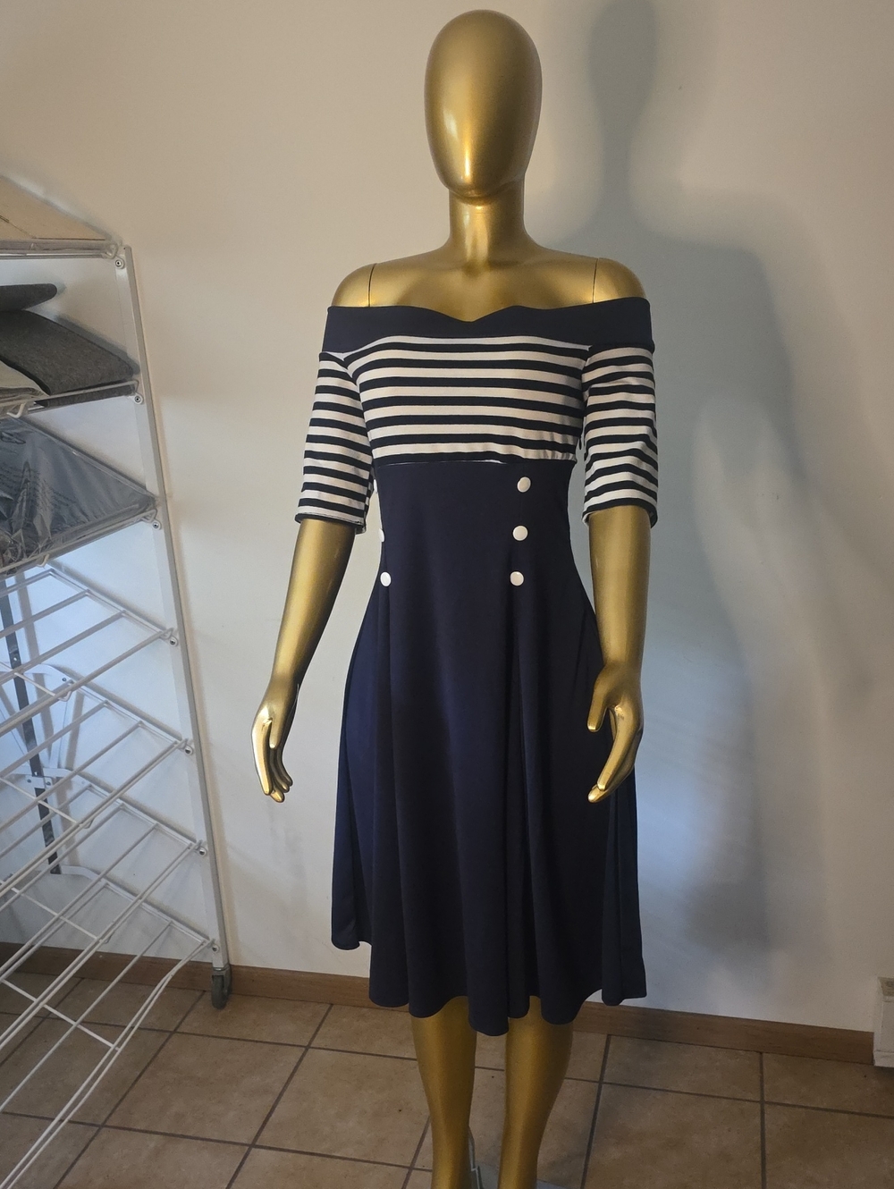 Off-Shoulder Navy & White Striped Fit-and-Flare Dress